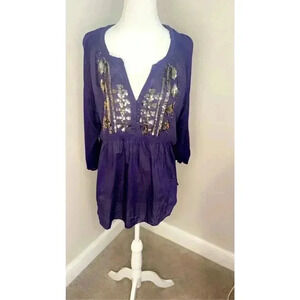 Vintage America Women's XL Purple Embroidered‎ Boho Long Sleeve blouse